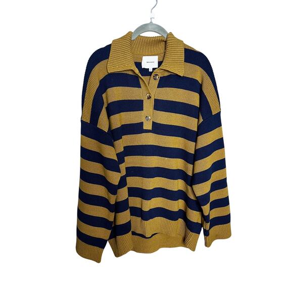 Reformation Brooklyn Cotton Polo Sweater Size Small Collared Navy Gold Stripe - Picture 4 of 8